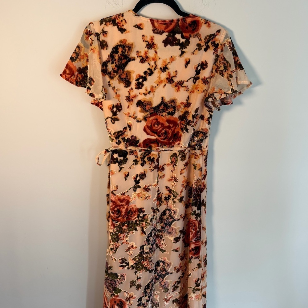 BHLDN Anthro Blush Velvet Burnout Floral Wrap Midi Dress Wedding Bridesmaid MED - Picture 10 of 12